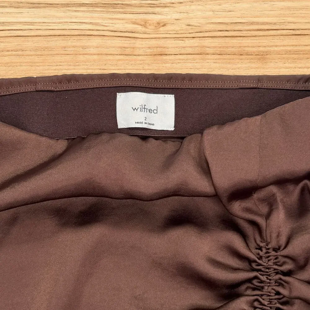 Aritzia Wilfred High Waist Satin Ruched Allusion Mini Skirt Brown Size 2